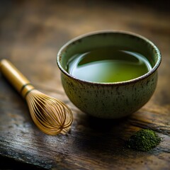 Bowl of freshly brewed green tea with a whisk and delicate golden froth on top