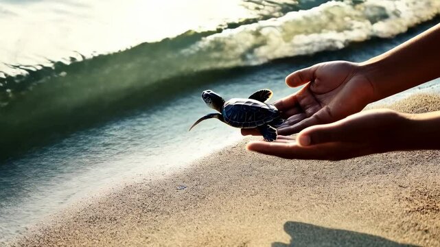 Compassionate volunteers carefully releasing endangered baby sea turtle back into natural marine habitat, supporting wildlife conservation and environmental sustainability efforts