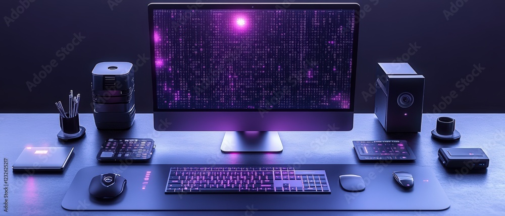 Poster close-up view of a modern computer monitor displaying digital content on a desk with office supplies