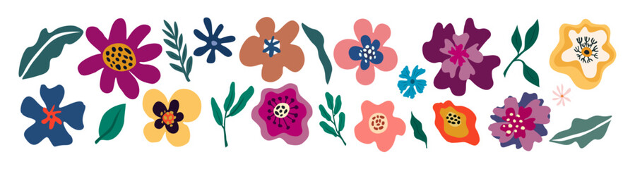 Set of hand drawn floral design elements, abstract shapes, leaves. Contemporary modern vector botanical art illustrations in trendy purple and peach color palette isolated on transparent background.