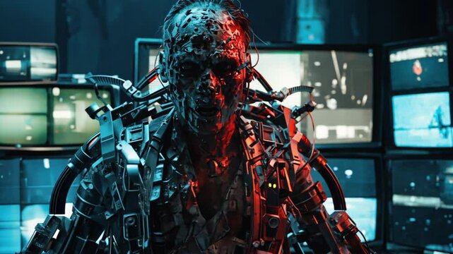 cyberpunk-inspired zombie with a partially mechanical jaw replacing his rotting flesh, creating a futuristic horror look