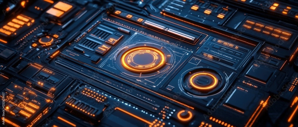 Poster close up of a computer processor with a bright orange light illuminating the central chip area