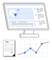 Computer screen displays data dashboard with pie chart, checklist, and text below are a signed report and line graph. Ideal for analytics, reporting, research, productivity, strategy, insights