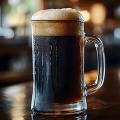 Glass of beer and frothy dark root beer served on a wooden table in a classic glass