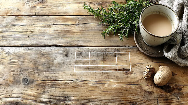 Rustic wooden background with a handdrawn grid, a cup of coffee, herbs, and nuts. Perfect for blogs, planners, calendars, or autumnal themes. Evokes a sense of calm and organization.