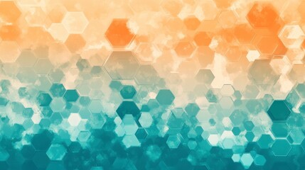 Layered abstract with translucent hexagons in vibrant orange and soft teal blending into each other