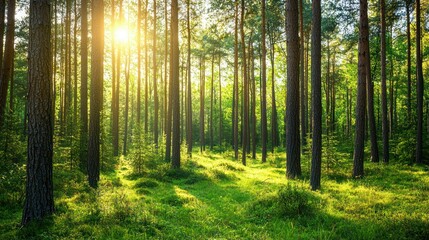 Fototapeta premium A vast evergreen forest stretching into the distance, with sunlight filtering through the tall trees and a serene atmosphere.