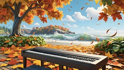 Autumn Beach Piano: A Serene Soundscape of Falling Leaves and Ocean Waves