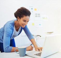 Web designer, happy and woman with laptop in office for software platform, optimize UI and SEO...