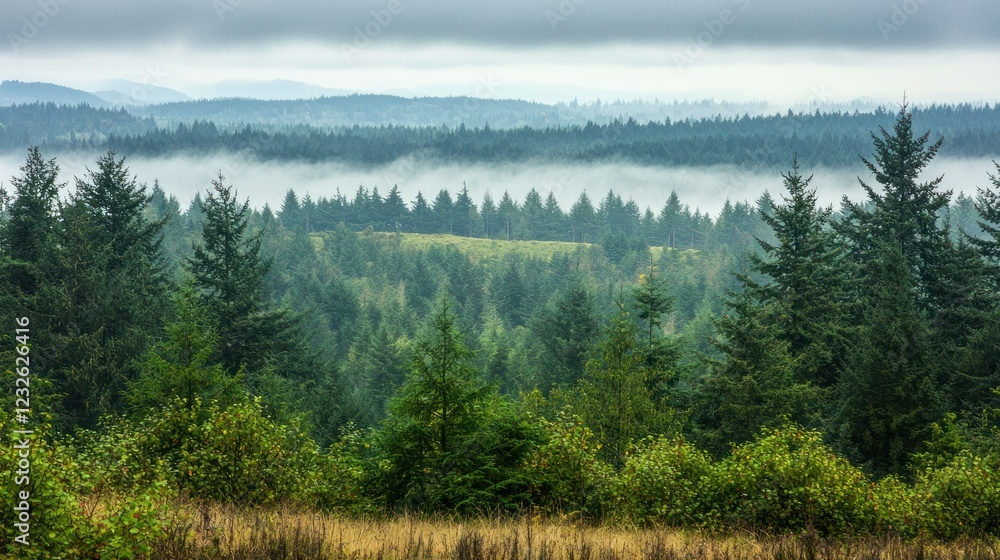 Aufkleber a calming evergreen forest background, with layers of trees stretching into the distance, creating a
