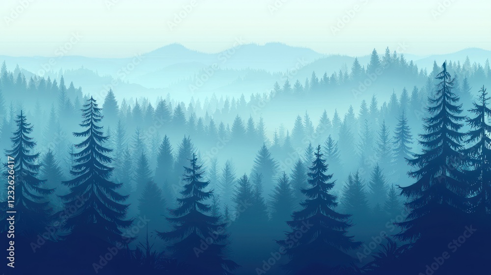 Poster a calming evergreen forest background, with layers of trees stretching into the distance, creating a