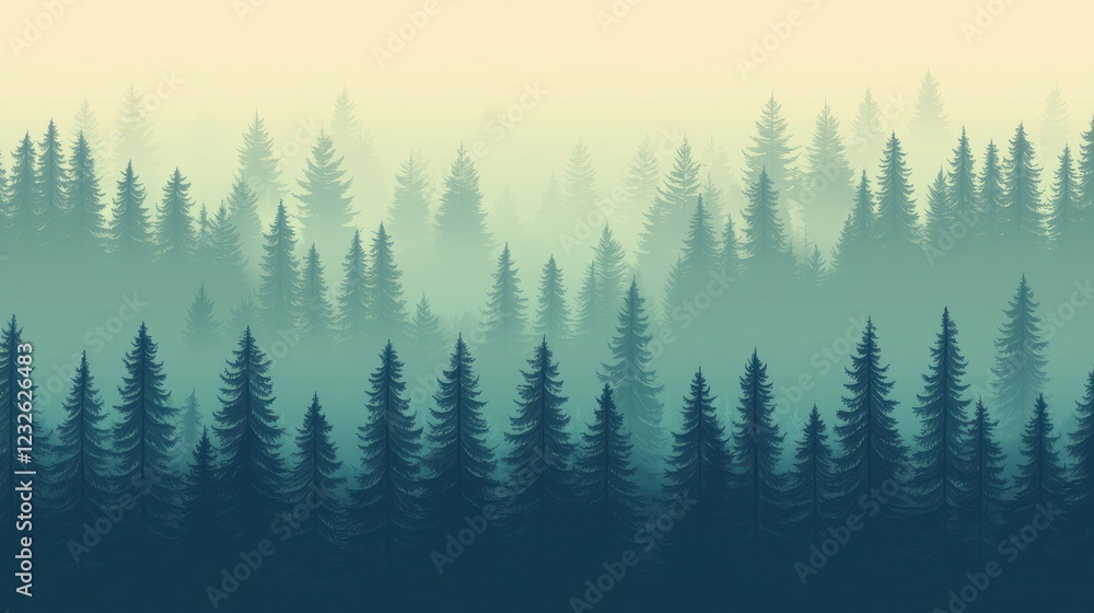 Poster a calming evergreen forest background, with layers of trees stretching into the distance, creating a