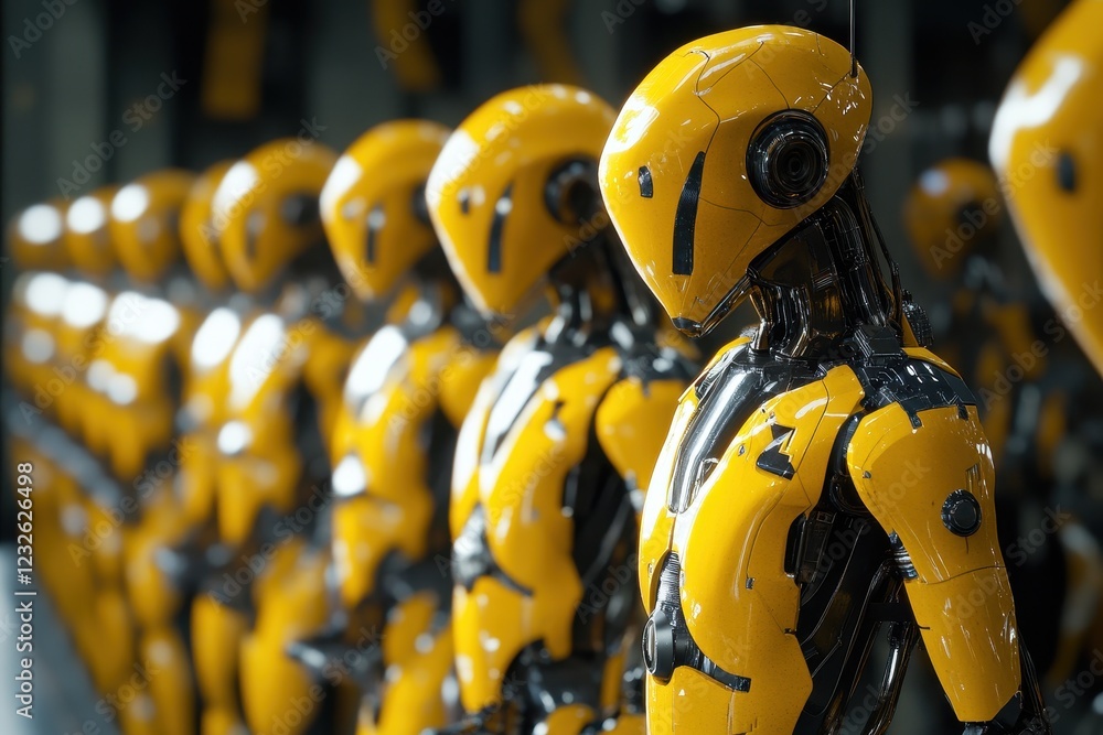 Poster robotic assembly line in high-tech factory,a row of yellow industrial robots performing tasks on a h