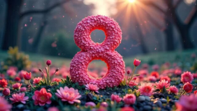 video card for International Women's Day, number 8 against the backdrop of a spring forest