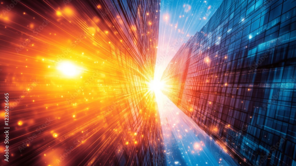 Poster abstract digital data stream with bright glowing energy flow