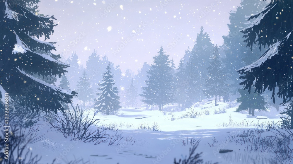 Poster a snowy landscape with evergreen branches sticking out of the snow, adding to the winter charm of th
