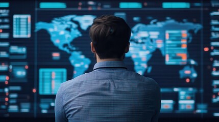 E-commerce+success story. Man analyzing data on a digital world map display.