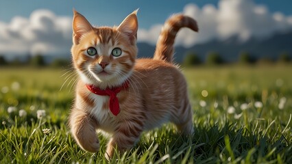 Obraz premium playful kitten walking on green grass blue sky