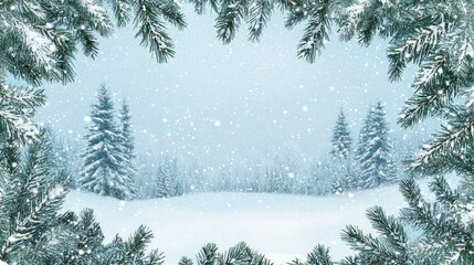 Fototapeta premium A natural evergreen border framing a winter landscape, with snow-covered trees creating a festive and peaceful setting.