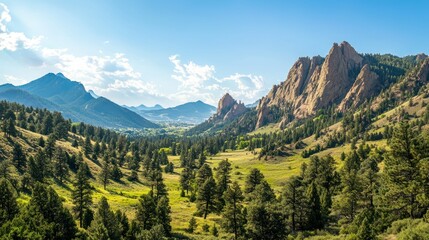 Fototapeta premium A breathtaking view of the Colorado mountains, with evergreen trees dotting the landscape under a clear blue sky.