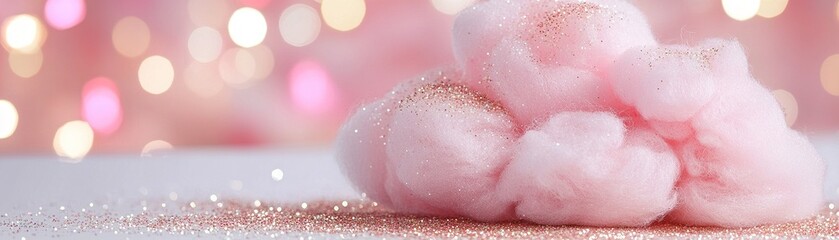 Fototapeta premium A delightful pile of pink cotton candy is sprinkled with glittery sugar sparkles, resting on a neutral table against a softly blurred, festive background, evoking a playful mood