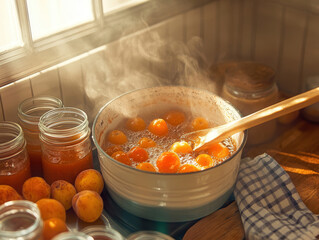 A cozy kitchen scene with a rustic atmosphere, showcasing the process of cooking Mirabelle plum jam. 