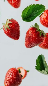 Ripe, red strawberries and vibrant green leaves floating in mid air against a clean white backdrop, creating a dynamic and eye catching visual perfect for fresh food themes