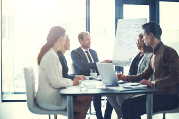 Workshop, handshake and group of business people at presentation for b2b negotiation planning. Meeting, collaboration and team shaking hands in office for deal ideas, agreement and congratulations