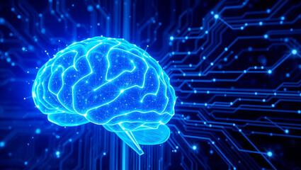 Glowing digital brain with blue holographic brain and dark circuit board background, artificial intelligence concept, cyber brain, futuristic medical technology.