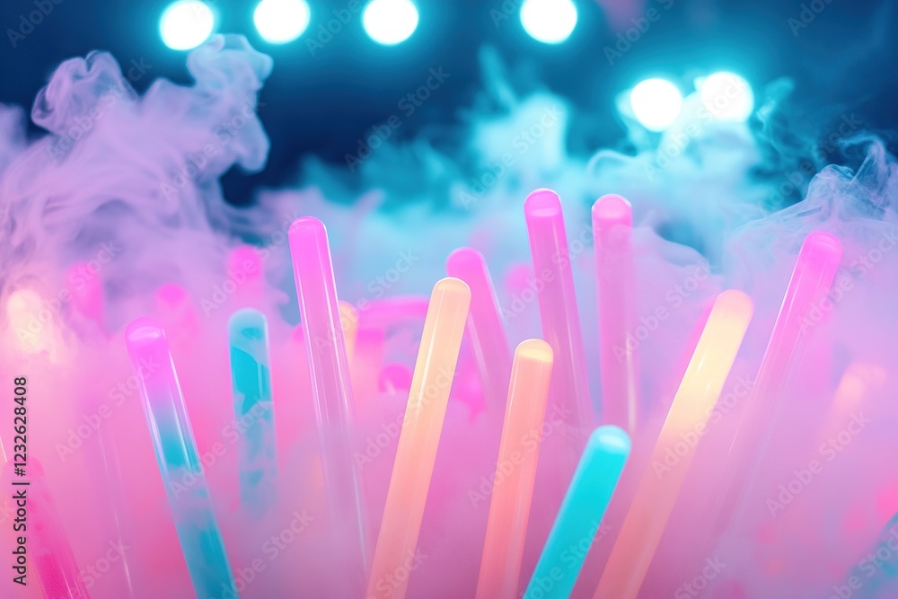 Poster at an edm festival, a vibrant display of glow sticks in neon colors is surrounded by dynamic led pan