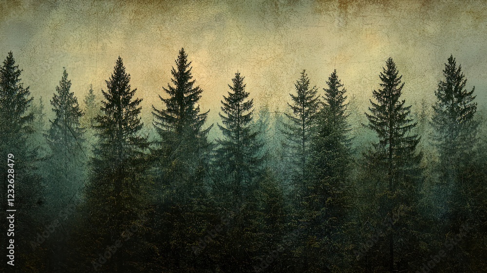 Poster a textured image of evergreen trees in a dense forest, with the layered patterns of their needles cr