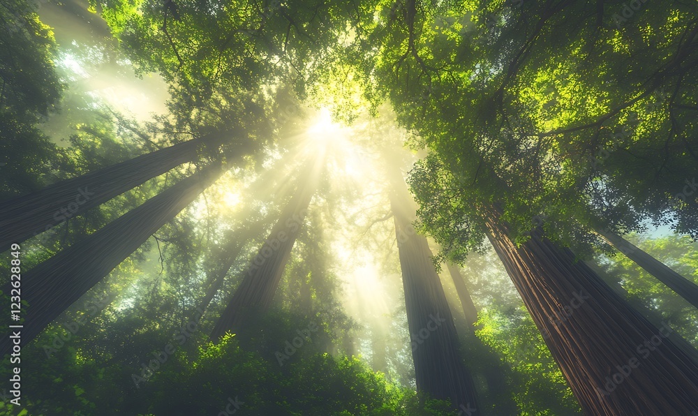 Poster majestic forest with sunlight streaming through tall trees, creating an enchanting atmosphere.