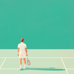 Focused tennis player in white attire preparing for match against minimalist background on outdoor court