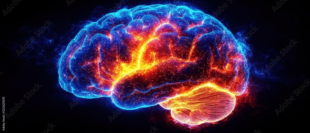 Poster brain with glowing blue and red lights illustrating neural activity and brain functionality