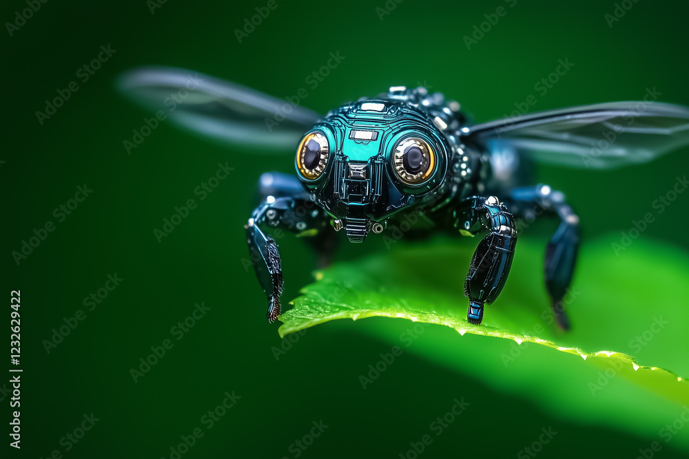 Poster a robotic insect is hovering gracefully above a tiny leaf, showcasing its high-tech design against a