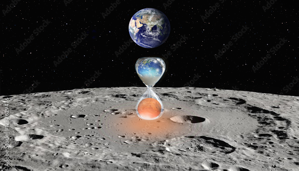 Aufkleber the earth as seen from the surface of the moon, earth is becoming a dead planet like mars - hourglas