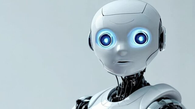 Futuristic robot with expressive blue eyes observing environment in sleek modern setting