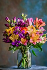 Vibrant Flower Bouquet in Vase. Colorful flower bouquet in a glass vase on a blue backdrop, perfect for spring-themed designs or celebrations.