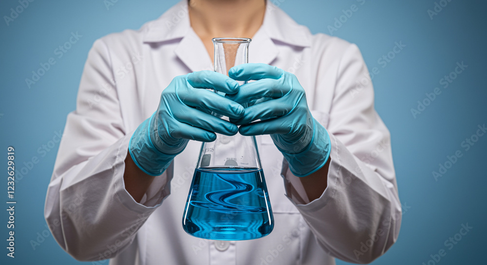 Poster laboratory flask with blue liquid held by gloved hands in laboratory. science laboratory flask with 