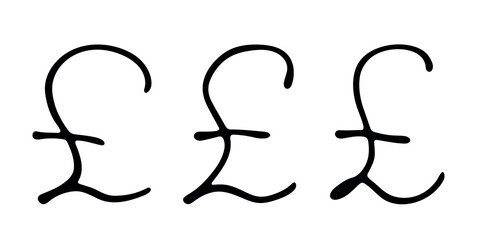 Hand drawn british pound currency symbol set Brush stroke doodle Single element for design