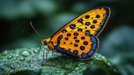 Obraz premium Macro photograph of an orange butterfly with blue spots perched on a wet green leaf