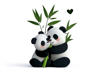 Two adorable cartoon pandas embrace while holding bamboo, radiating love and playfulness in a simplistic design.