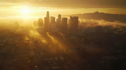 Los Angeles skyline during golden hour, skyscrapers glowing in soft sunlight with the Hollywood Hills in the background