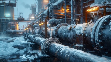 A manufacturing facility is covered in snow as frozen pipes and machinery contrast against flickering lights in a winter morning setting.