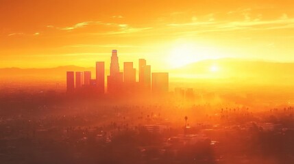 Los Angeles skyline during golden hour, skyscrapers glowing in soft sunlight with the Hollywood Hills in the background