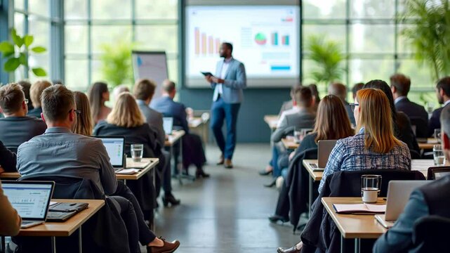Engaging business presentation with audience interaction in modern conference room. Learning, teamwork, network. 