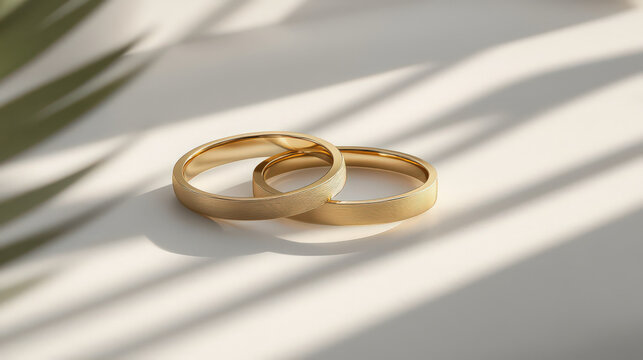 A pair of gold wedding bands placed delicately on a pristine white surface