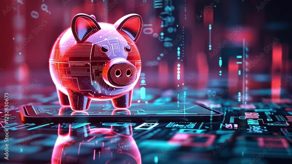 Poster digital piggy bank on tech-inspired background with neon colors and data patterns