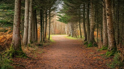 Fototapeta premium A winter forest path lined with evergreen trees, creating a peaceful walk through nature's winter beauty.