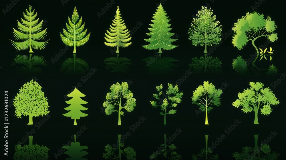 Poster a set of evergreen icons representing different types of trees, ideal for environmental and eco-them